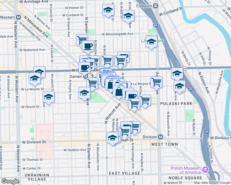 map of restaurants, bars, coffee shops, grocery stores, and more near 1439 North Milwaukee Avenue in Chicago