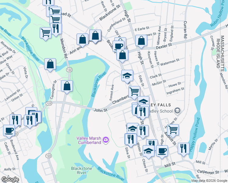 map of restaurants, bars, coffee shops, grocery stores, and more near 40 Forest Avenue in Cumberland