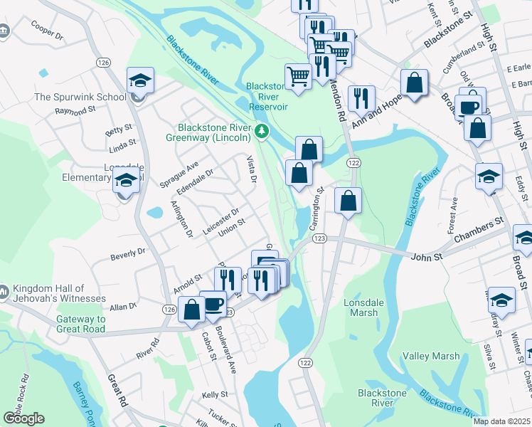 map of restaurants, bars, coffee shops, grocery stores, and more near 32 North Union Street in Lincoln