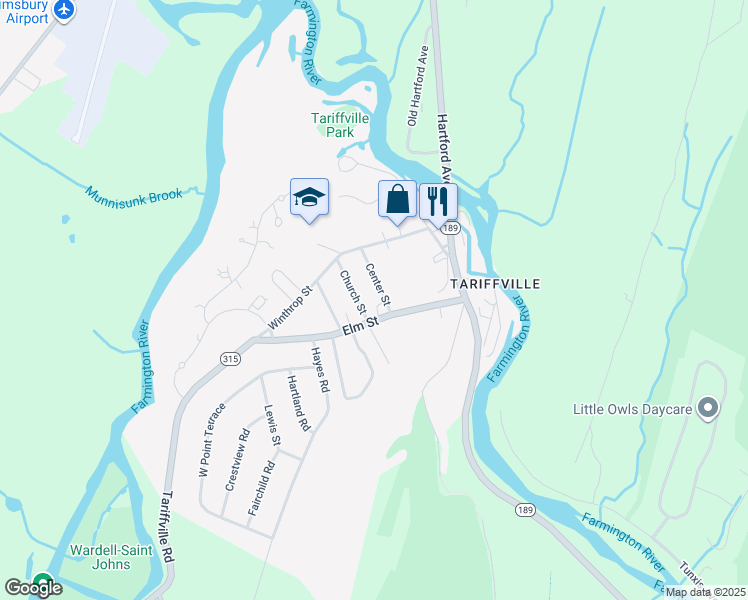 map of restaurants, bars, coffee shops, grocery stores, and more near 20 Center Street in Simsbury