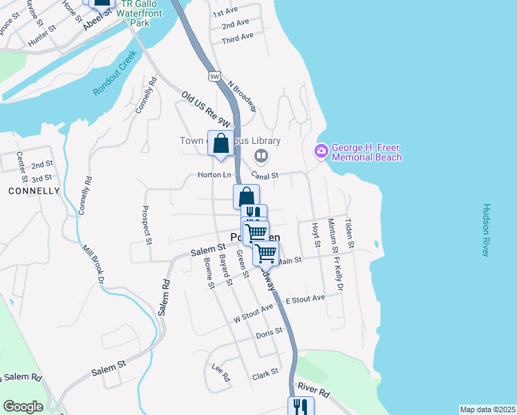 map of restaurants, bars, coffee shops, grocery stores, and more near 151 Broadway Street in Port Ewen