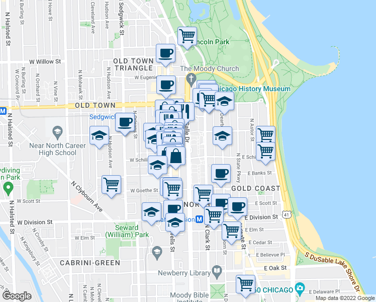 map of restaurants, bars, coffee shops, grocery stores, and more near 1450 North LaSalle Drive in Chicago