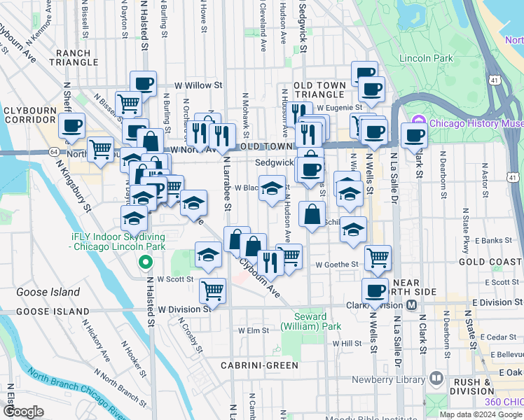 map of restaurants, bars, coffee shops, grocery stores, and more near 1429 North Mohawk Street in Chicago