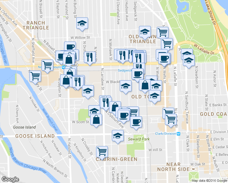 map of restaurants, bars, coffee shops, grocery stores, and more near 1429 North Mohawk Street in Chicago