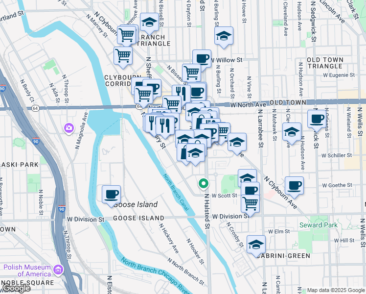 map of restaurants, bars, coffee shops, grocery stores, and more near 821 West Blackhawk Street in Chicago