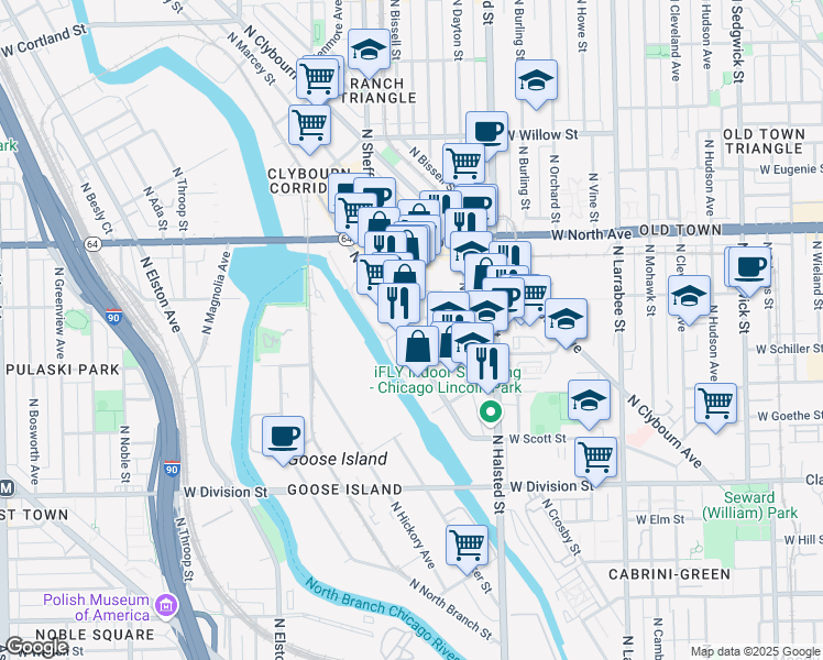 map of restaurants, bars, coffee shops, grocery stores, and more near 1476 North Fremont Street in Chicago
