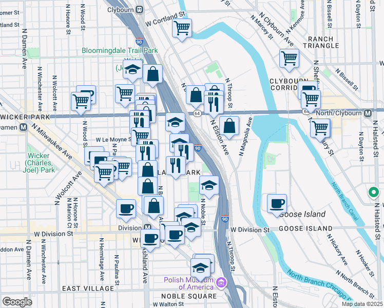 map of restaurants, bars, coffee shops, grocery stores, and more near 1432 North Noble Street in Chicago