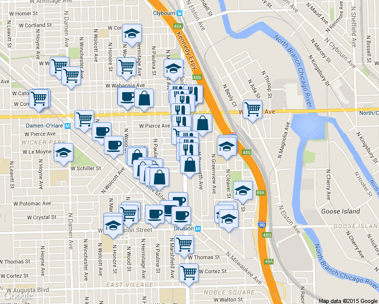 map of restaurants, bars, coffee shops, grocery stores, and more near 1453 North Ashland Avenue in Chicago