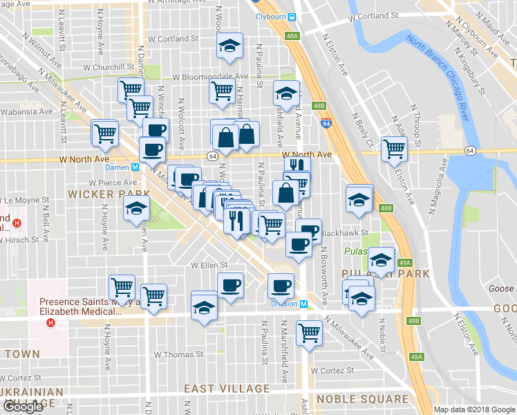 map of restaurants, bars, coffee shops, grocery stores, and more near in Chicago