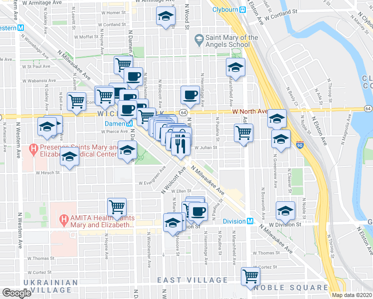 map of restaurants, bars, coffee shops, grocery stores, and more near 1418 North Elk Grove Avenue in Chicago