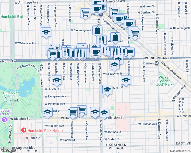 map of restaurants, bars, coffee shops, grocery stores, and more near 1500 North Artesian Avenue in Chicago