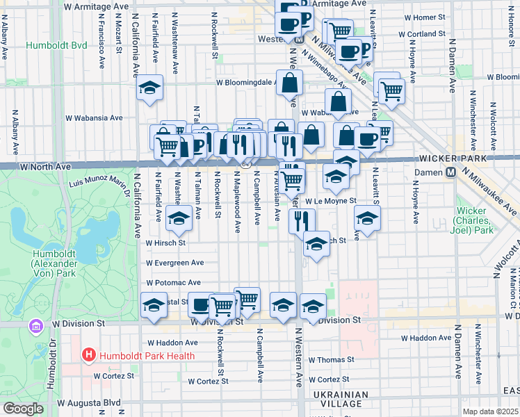 map of restaurants, bars, coffee shops, grocery stores, and more near 2511 West Le Moyne Street in Chicago
