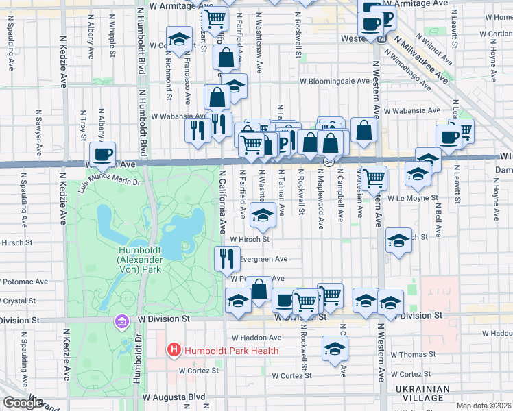 map of restaurants, bars, coffee shops, grocery stores, and more near 2654 West Le Moyne Street in Chicago