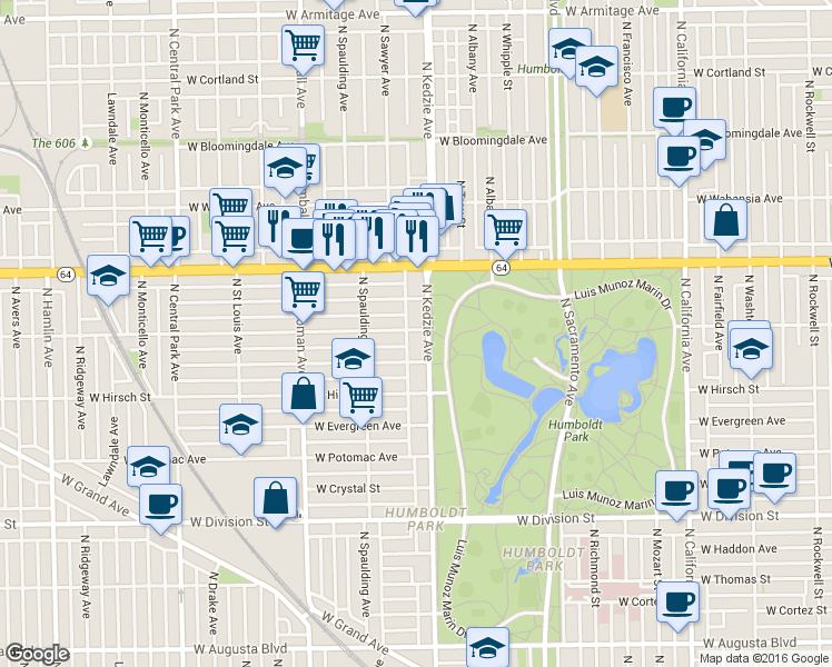 map of restaurants, bars, coffee shops, grocery stores, and more near 3226 West Le Moyne Street in Chicago