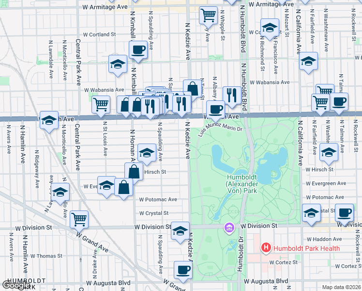 map of restaurants, bars, coffee shops, grocery stores, and more near 3226 West Le Moyne Street in Chicago