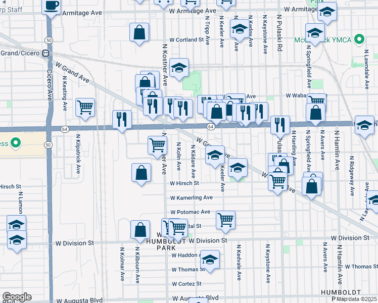 map of restaurants, bars, coffee shops, grocery stores, and more near 1523 North Kildare Avenue in Chicago