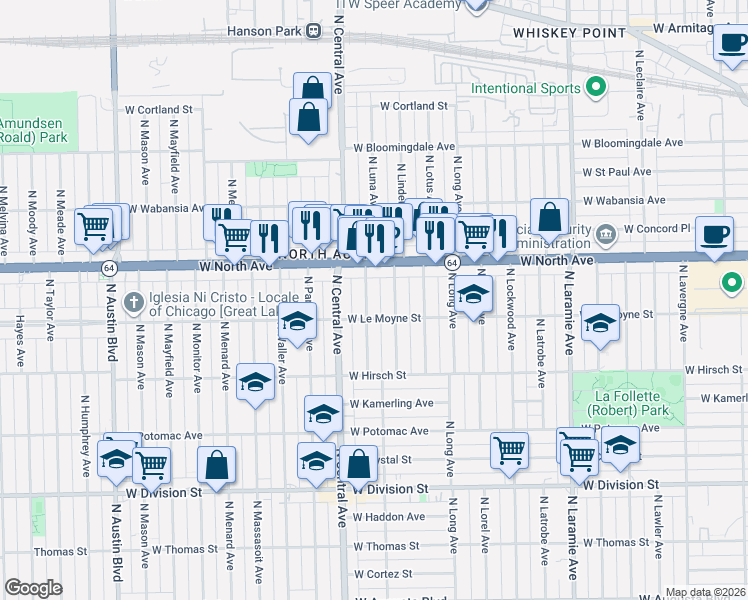 map of restaurants, bars, coffee shops, grocery stores, and more near 1528 North Luna Avenue in Chicago