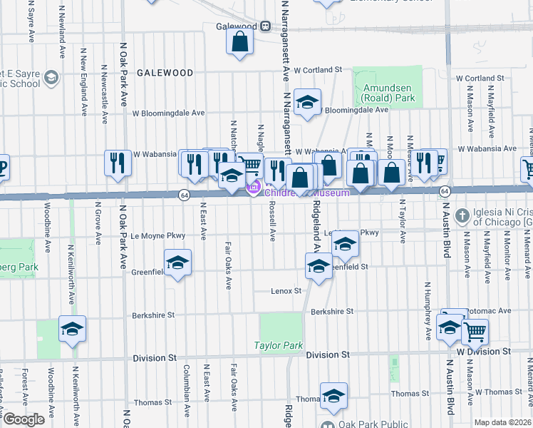map of restaurants, bars, coffee shops, grocery stores, and more near 1234 Rossell Avenue in Oak Park