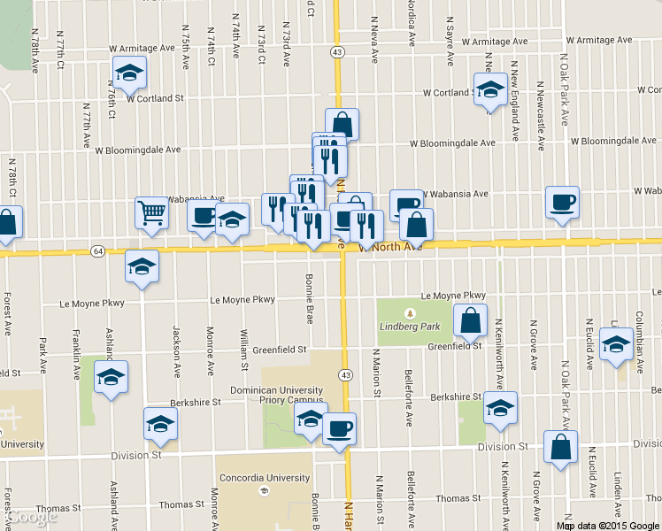 map of restaurants, bars, coffee shops, grocery stores, and more near 7227 West North Avenue in River Forest