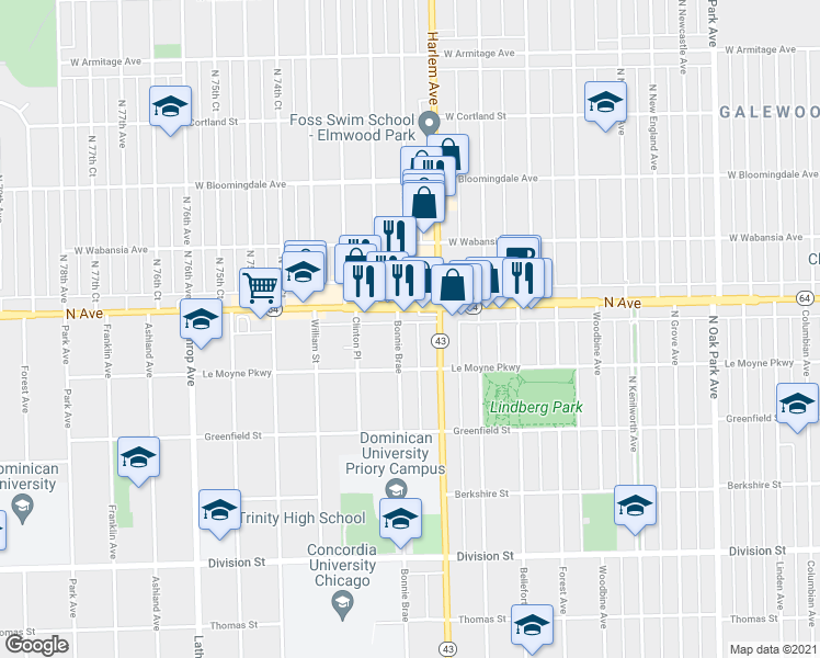 map of restaurants, bars, coffee shops, grocery stores, and more near 7227 West North Avenue in River Forest