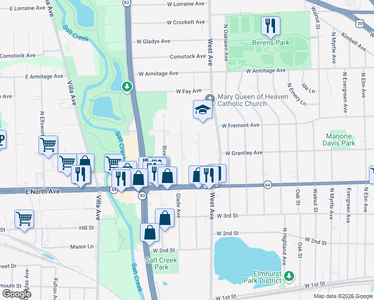 map of restaurants, bars, coffee shops, grocery stores, and more near 365 Shady Lane in Elmhurst