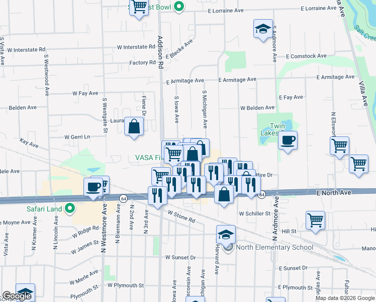 map of restaurants, bars, coffee shops, grocery stores, and more near 2N152 Wisconsin Avenue in Villa Park
