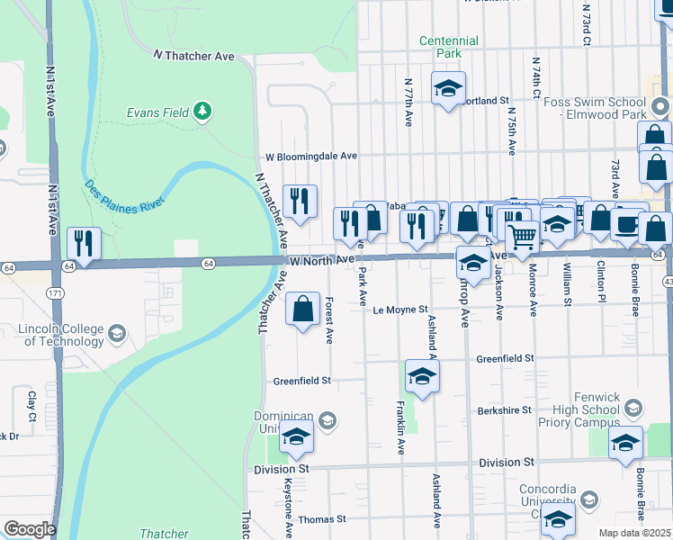 map of restaurants, bars, coffee shops, grocery stores, and more near in River Forest