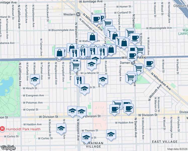map of restaurants, bars, coffee shops, grocery stores, and more near 1454N North Bell Avenue in Chicago