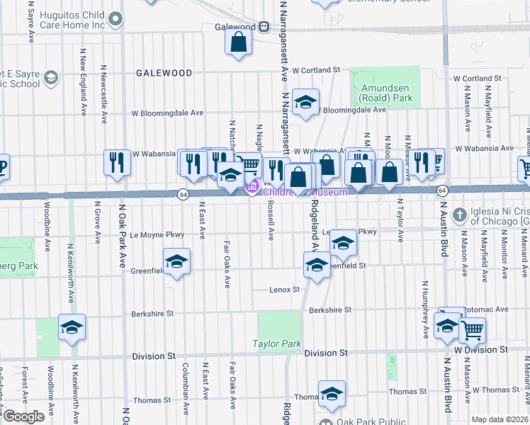 map of restaurants, bars, coffee shops, grocery stores, and more near 1234 Rossell Avenue in Oak Park