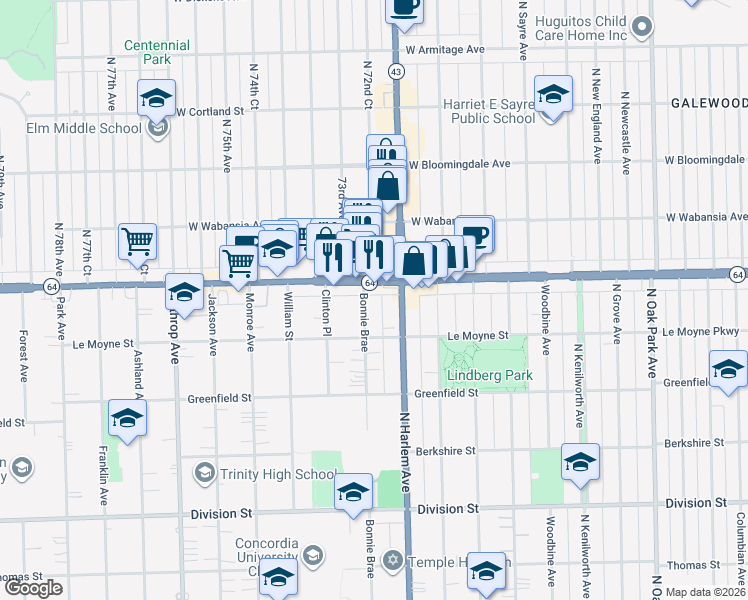 map of restaurants, bars, coffee shops, grocery stores, and more near 7225 Illinois 64 in Elmwood Park