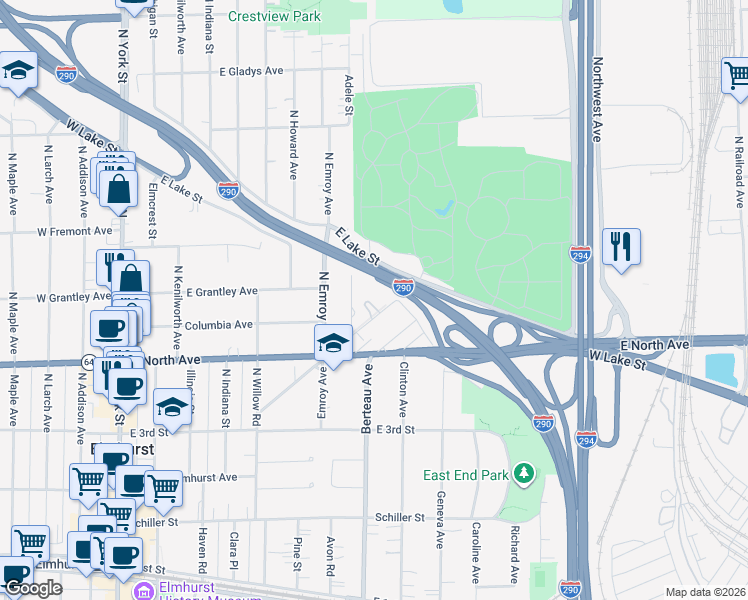 map of restaurants, bars, coffee shops, grocery stores, and more near 250 Melrose Avenue in Elmhurst