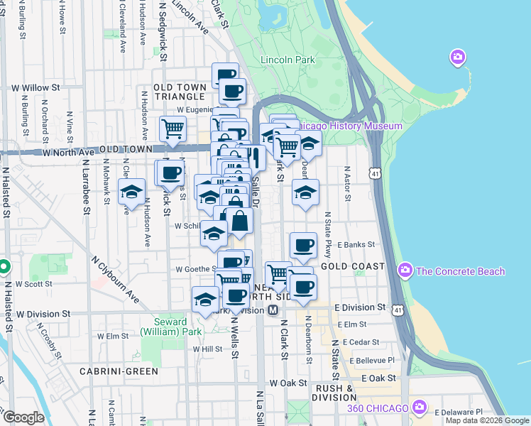 map of restaurants, bars, coffee shops, grocery stores, and more near 1450 North LaSalle Drive in Chicago
