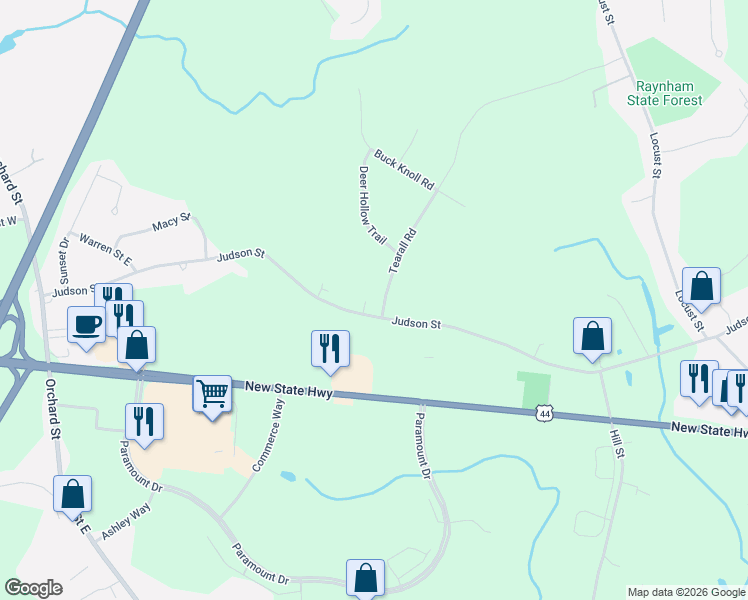map of restaurants, bars, coffee shops, grocery stores, and more near 288 Tearall Road in Raynham