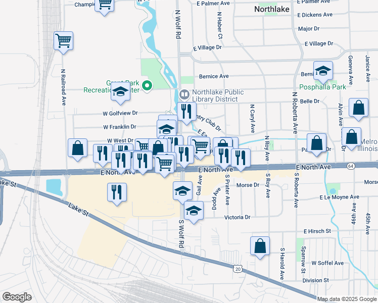 map of restaurants, bars, coffee shops, grocery stores, and more near 15 North Wolf Road in Northlake