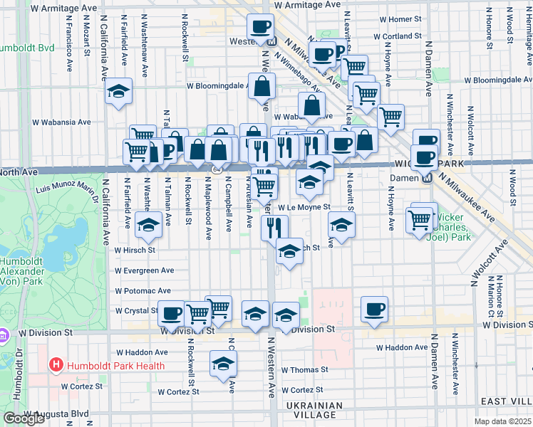 map of restaurants, bars, coffee shops, grocery stores, and more near 1510 North Claremont Avenue in Chicago