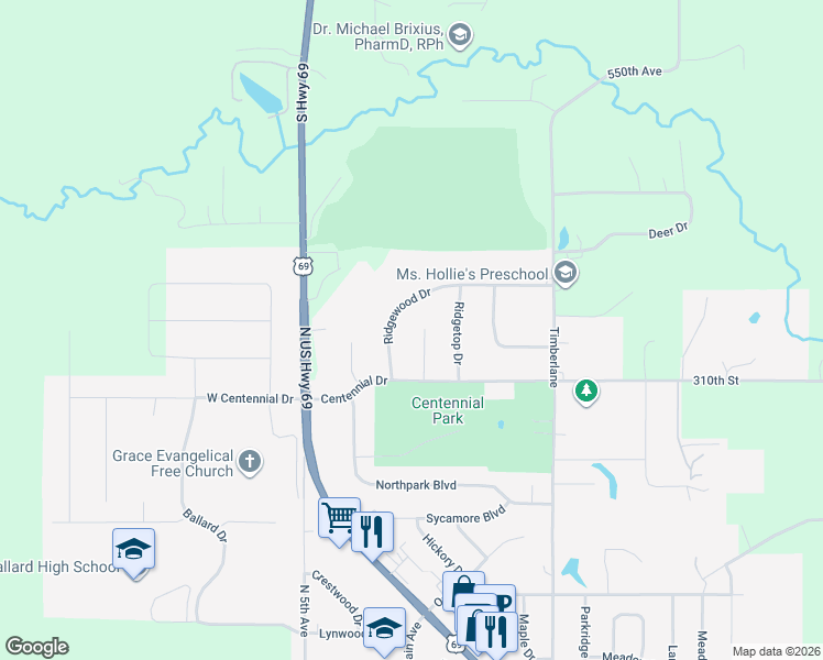 map of restaurants, bars, coffee shops, grocery stores, and more near 1111 Centennial Circle in Huxley