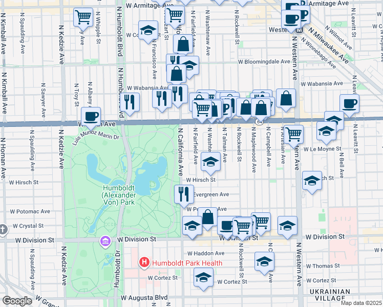 map of restaurants, bars, coffee shops, grocery stores, and more near 1502 North Fairfield Avenue in Chicago