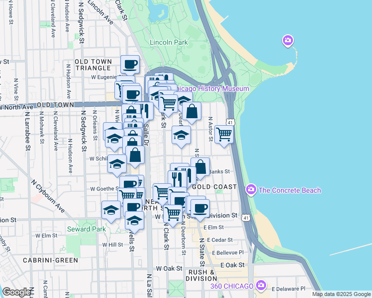 map of restaurants, bars, coffee shops, grocery stores, and more near 1425 North Dearborn Parkway in Chicago