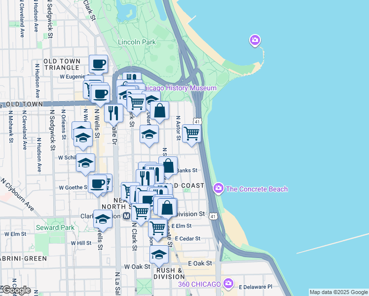 map of restaurants, bars, coffee shops, grocery stores, and more near 1415 North Astor Street in Chicago