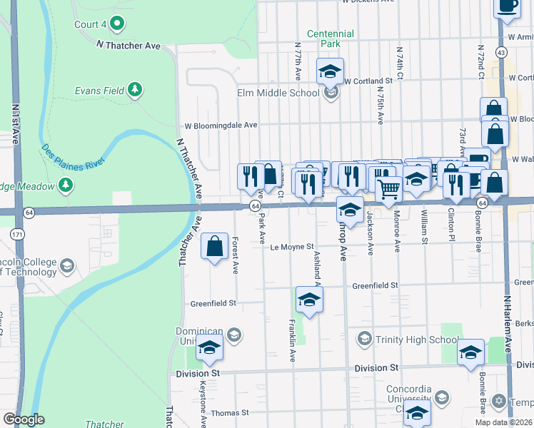 map of restaurants, bars, coffee shops, grocery stores, and more near 1538 West North Avenue in River Forest