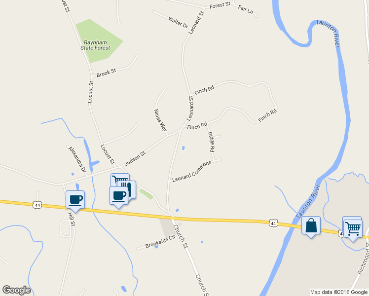 map of restaurants, bars, coffee shops, grocery stores, and more near 175U5 Leonard Street in Raynham