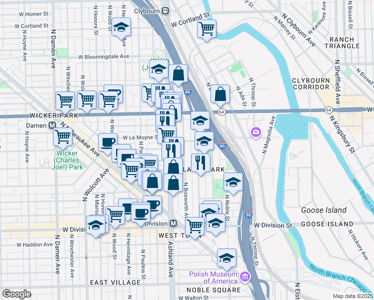 map of restaurants, bars, coffee shops, grocery stores, and more near 1451 North Bosworth Avenue in Chicago