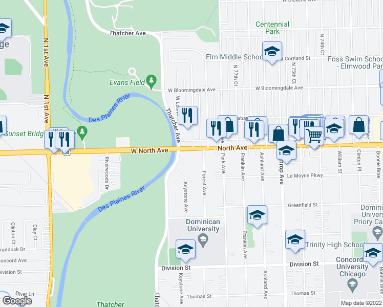 map of restaurants, bars, coffee shops, grocery stores, and more near 7919 North Avenue in River Forest