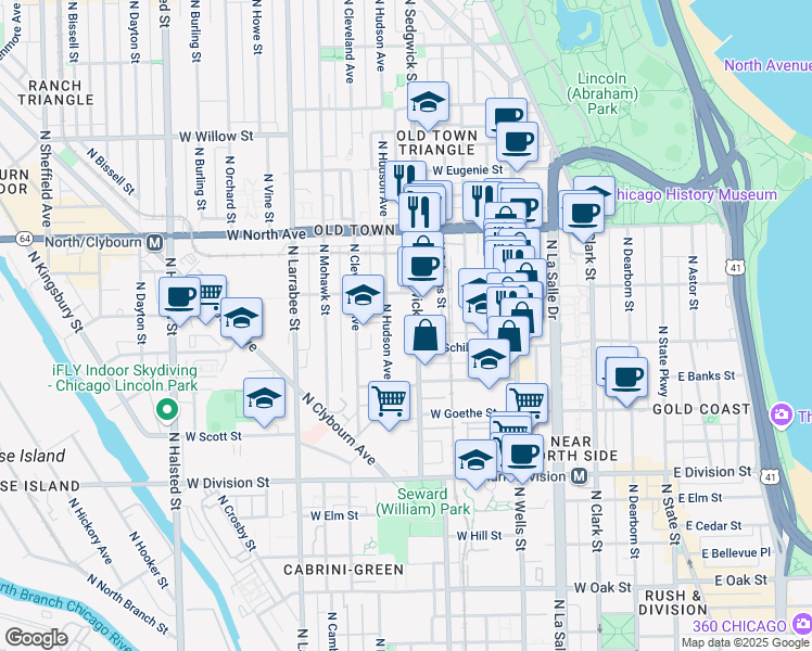 map of restaurants, bars, coffee shops, grocery stores, and more near 1408 North Sedgwick Street in Chicago