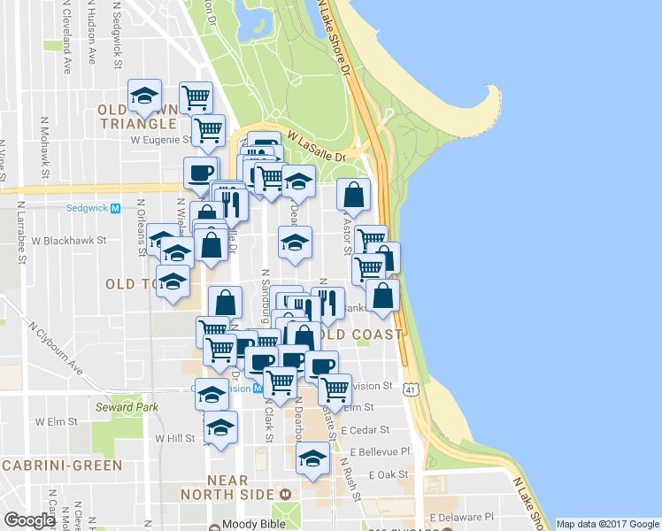 map of restaurants, bars, coffee shops, grocery stores, and more near 1425 North State Parkway in Chicago