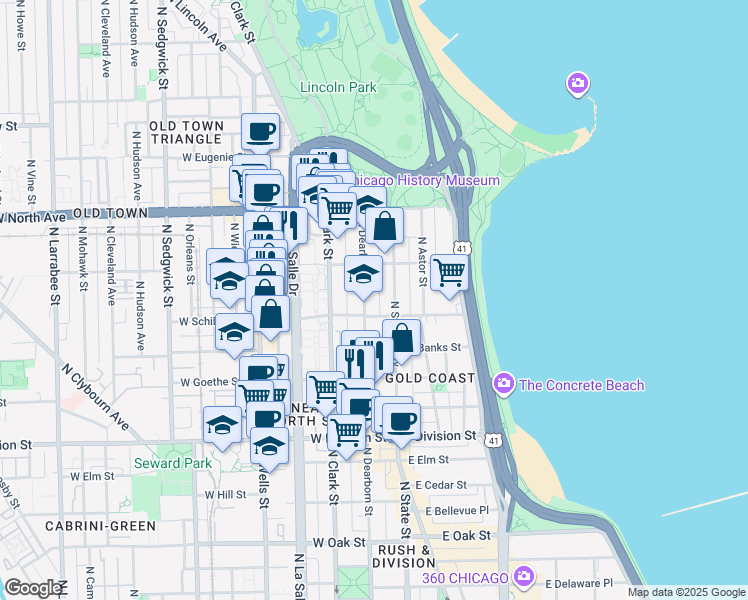 map of restaurants, bars, coffee shops, grocery stores, and more near 1425 North Dearborn Parkway in Chicago