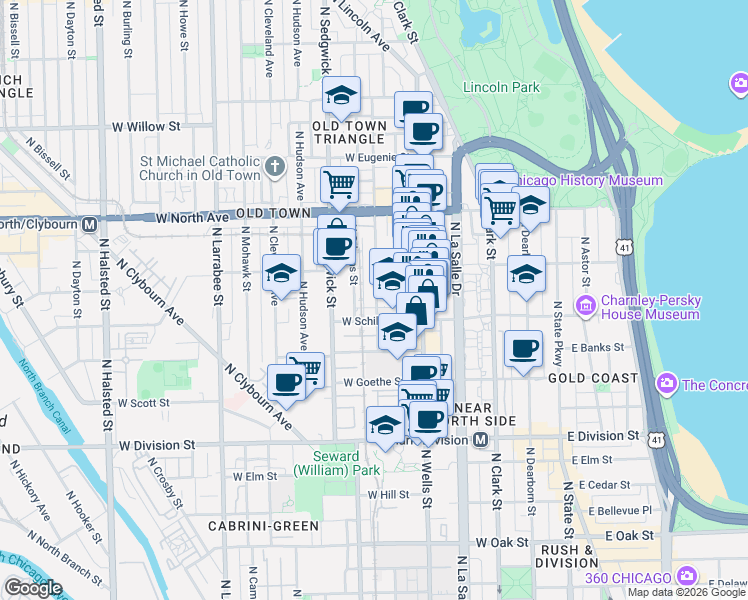 map of restaurants, bars, coffee shops, grocery stores, and more near 1430 North Wieland Street in Chicago