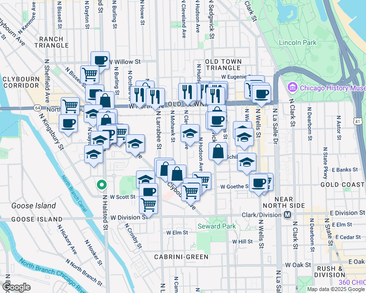 map of restaurants, bars, coffee shops, grocery stores, and more near 1429 North Mohawk Street in Chicago