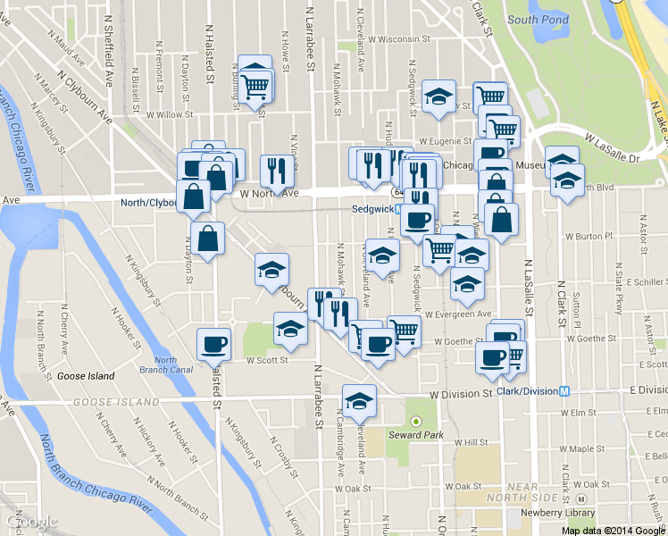 map of restaurants, bars, coffee shops, grocery stores, and more near 1429 North Mohawk Street in Chicago