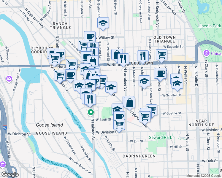map of restaurants, bars, coffee shops, grocery stores, and more near 1471 North Ogden Avenue in Chicago